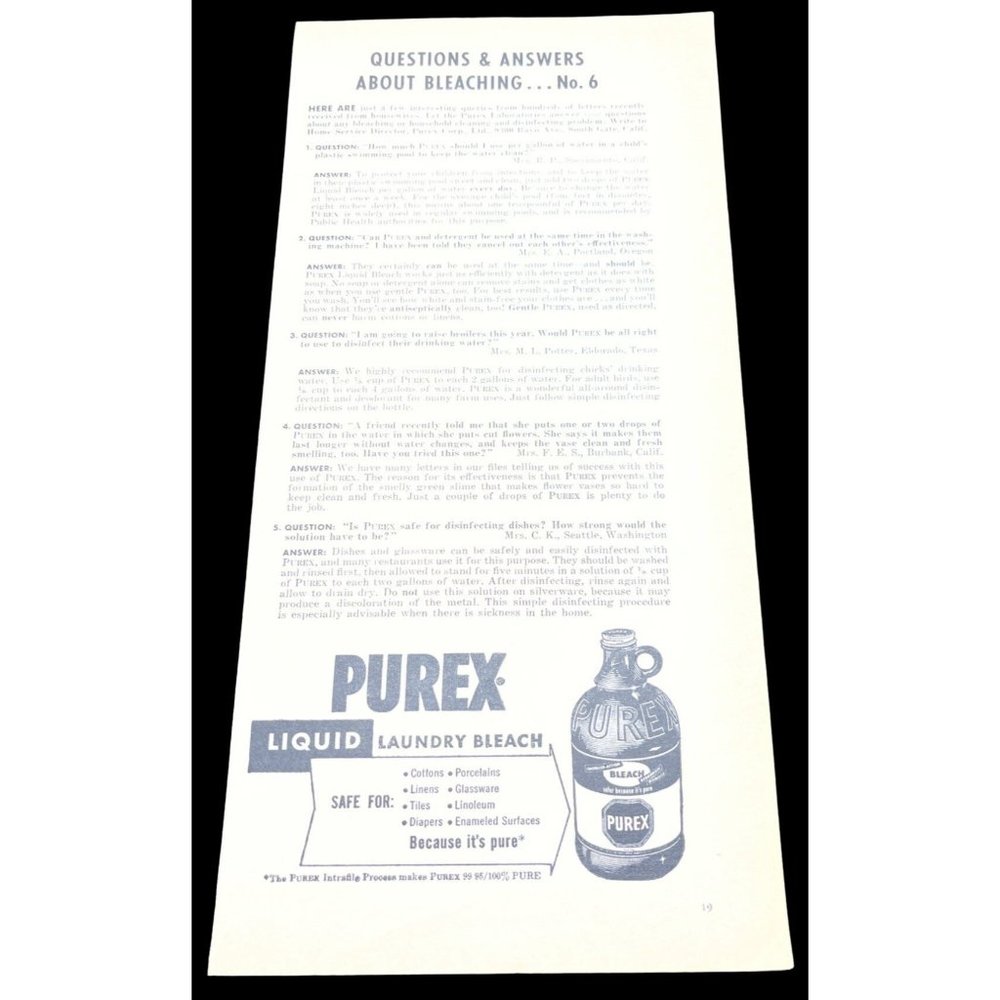 Purex Liquid Laundry Bleach Vintage Print Ad 1954 Jug Bleaching Questions Q & A